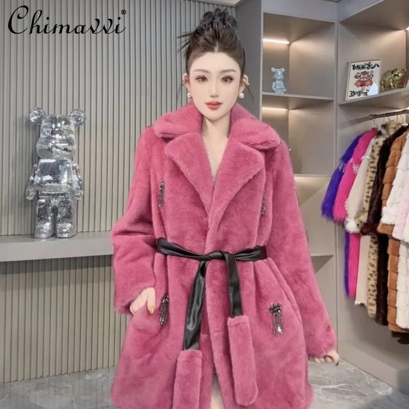 Cappotto in Pelliccia Sintetica di Visone Ispessita alla Moda, Nuovo Modello Invernale con Ciondolo in Cristallo, Maniche Lunghe, Giacca Calda in Pelliccia