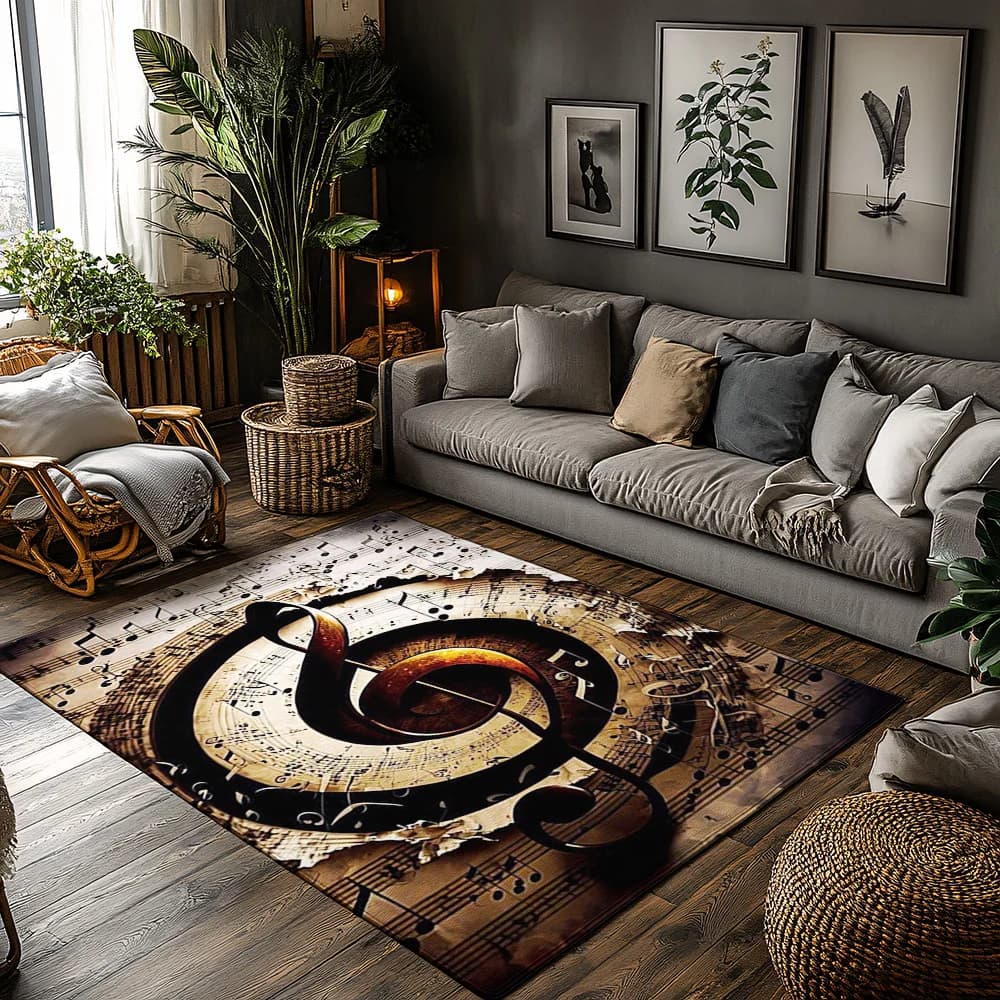 Golden Treble Clef Music Rug, Brown Black White Note Pattern Carpet, Plush Non-Slip Living Room Mat for Piano Studio Decor