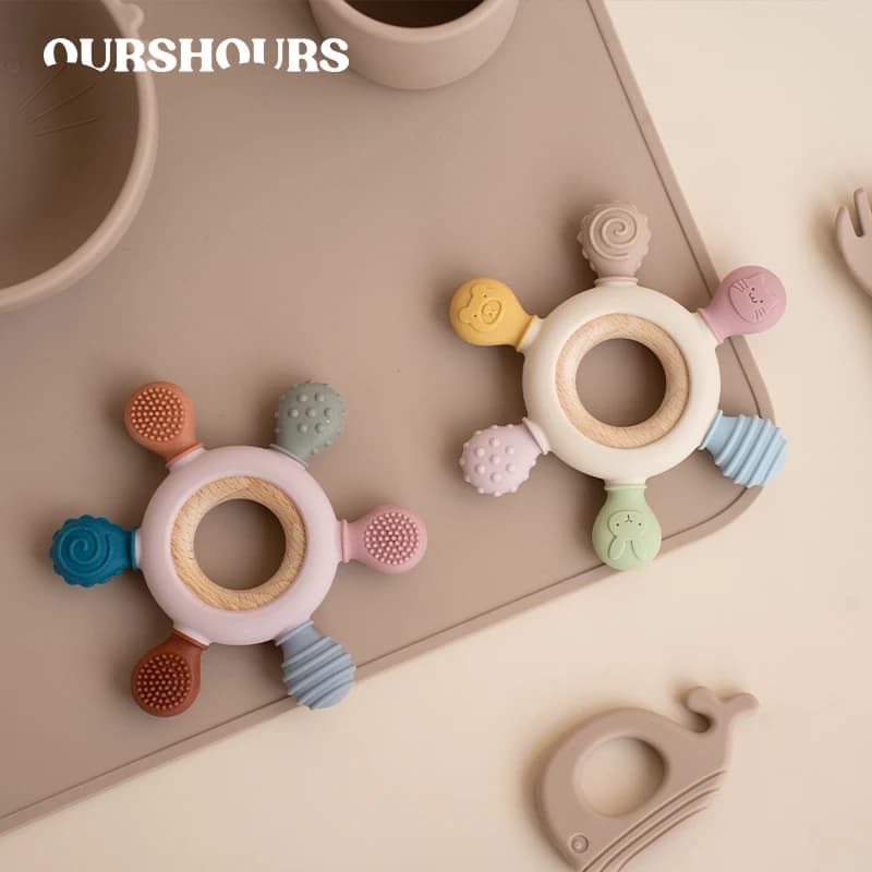 1pc Food Grade Baby Silicone Massaggiagengive Timone Forma Anello di Legno Dentizione Giocattoli BPA Libero Infantile Da Masticare Giocattolo di Cura Regali Neonato