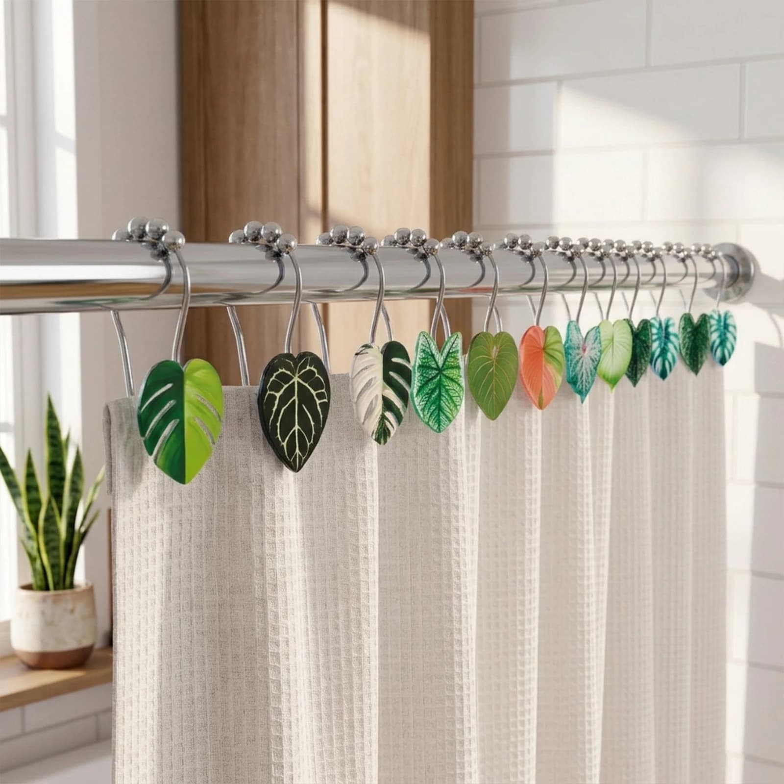12-Piece Ball Bearing Leaf Shower Curtain Hooks, Durable Acrylic Leaves, Stainless Steel Rust-Resistant Hooks, Modern Bathroom