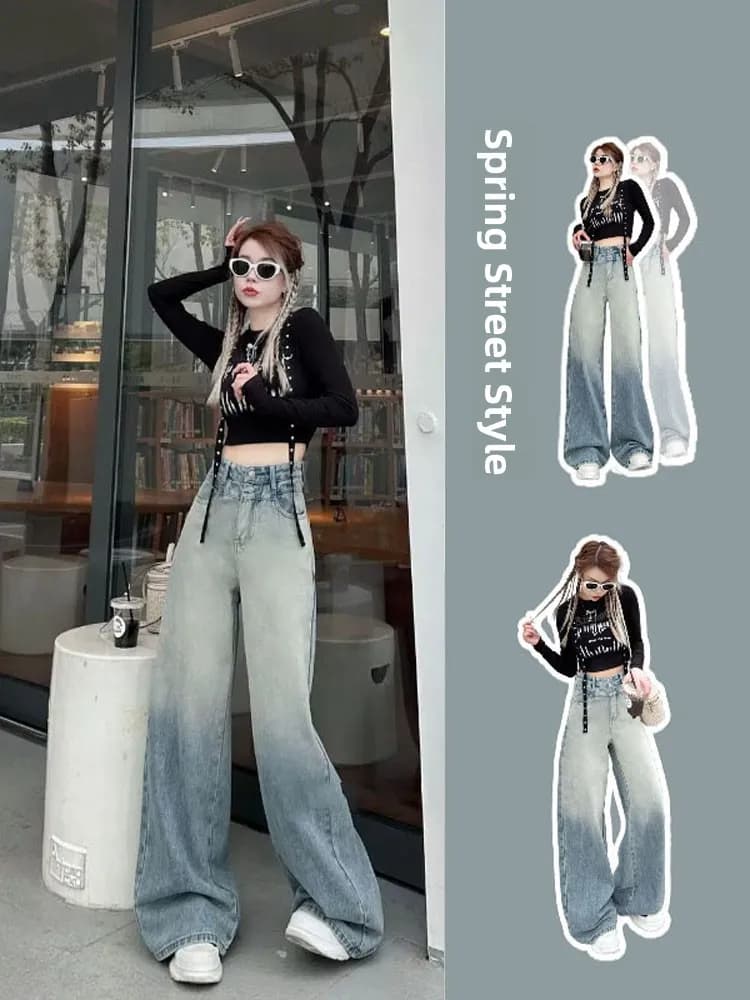 High Waist Wide Leg Jeans Women's Spring Summer New Style Slimming Gradient Retro Versatile Long Pants Blue Color