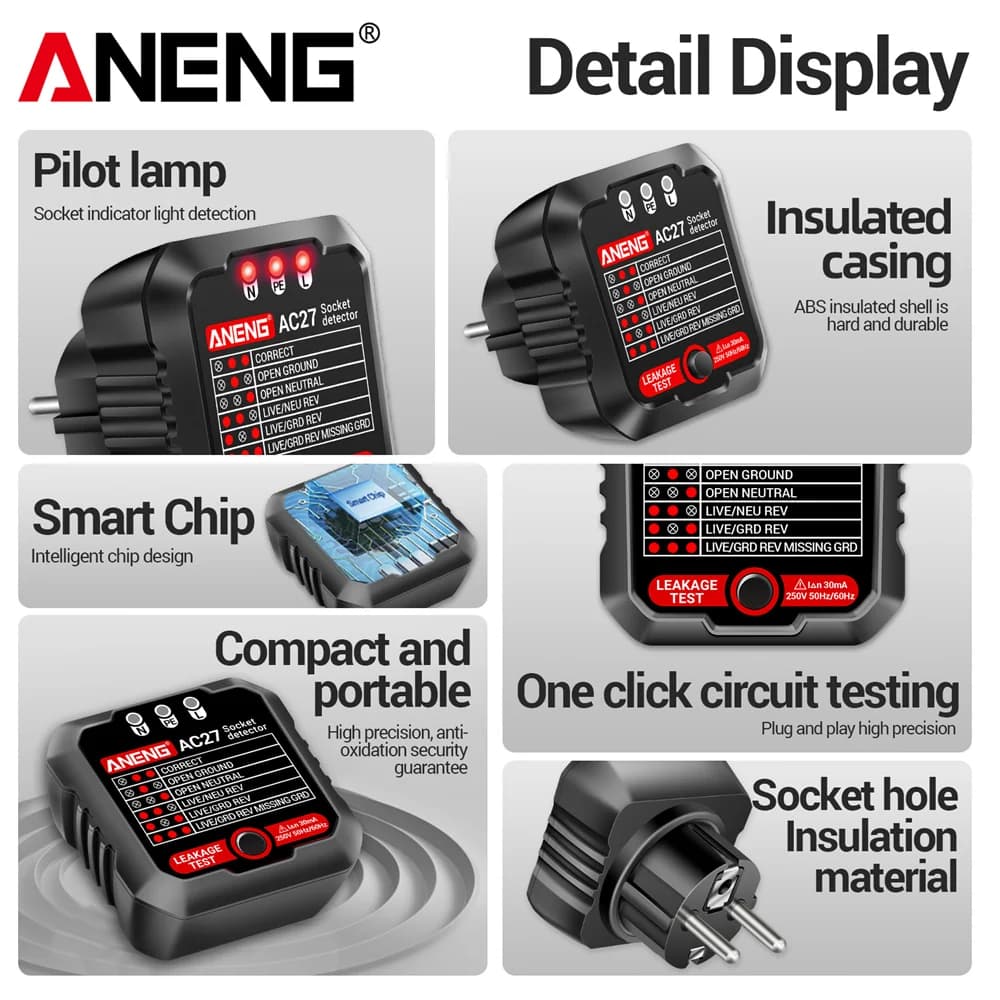 ANENG AC27 Intelligent Voltage Tester, Phase and Circuit Polarity Detector, Earth and Zero Line Detector, EU/US Plug