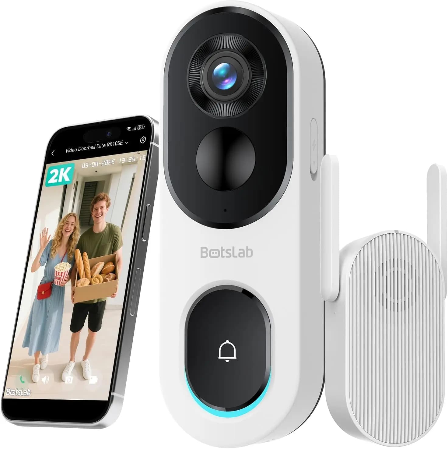 Campanello Video Wireless 2K con Visione da Testa a Piedi, Senza Canone Mensile, Audio Bidirezionale, Rilevamento Umano, Batteria da 5200mAh