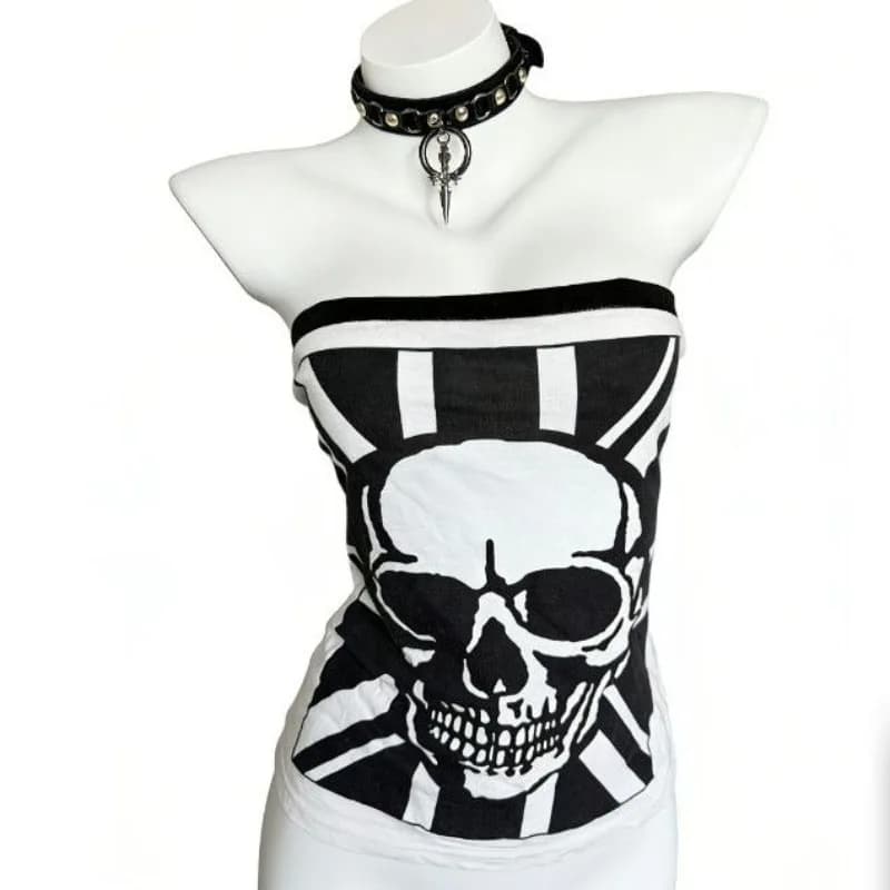 Top Senza Spalline Stile Punk con Stampa Teschio, Moda Vintage Harajuku, Slim Fit, Estivo, Sexy Goth per Donna