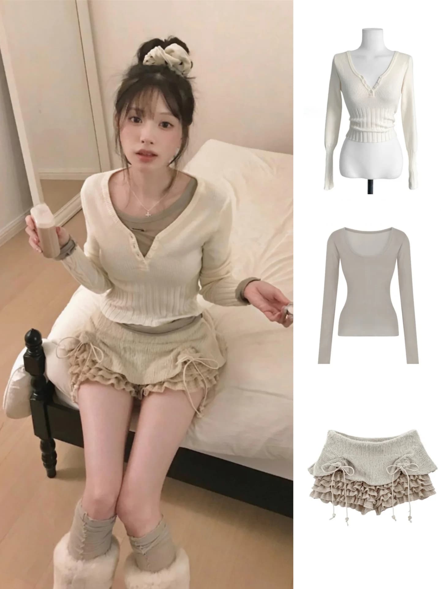 Maglione a maniche lunghe con scollo a V, stile coreano, morbido, pieghettato, da donna, con gonna corta con coulisse