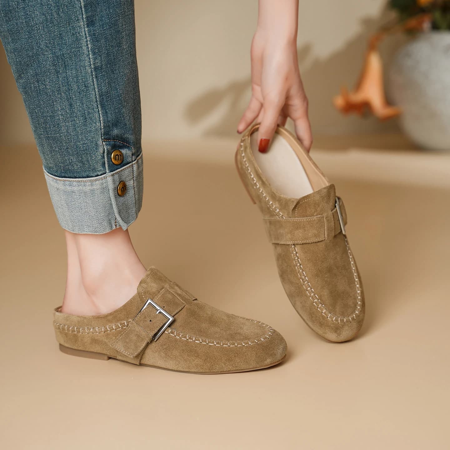 Genuine Leather Sheepskin Suede Women Shoes,Slip-on Belt buckle Fashion Slippers,Classic Women Mules