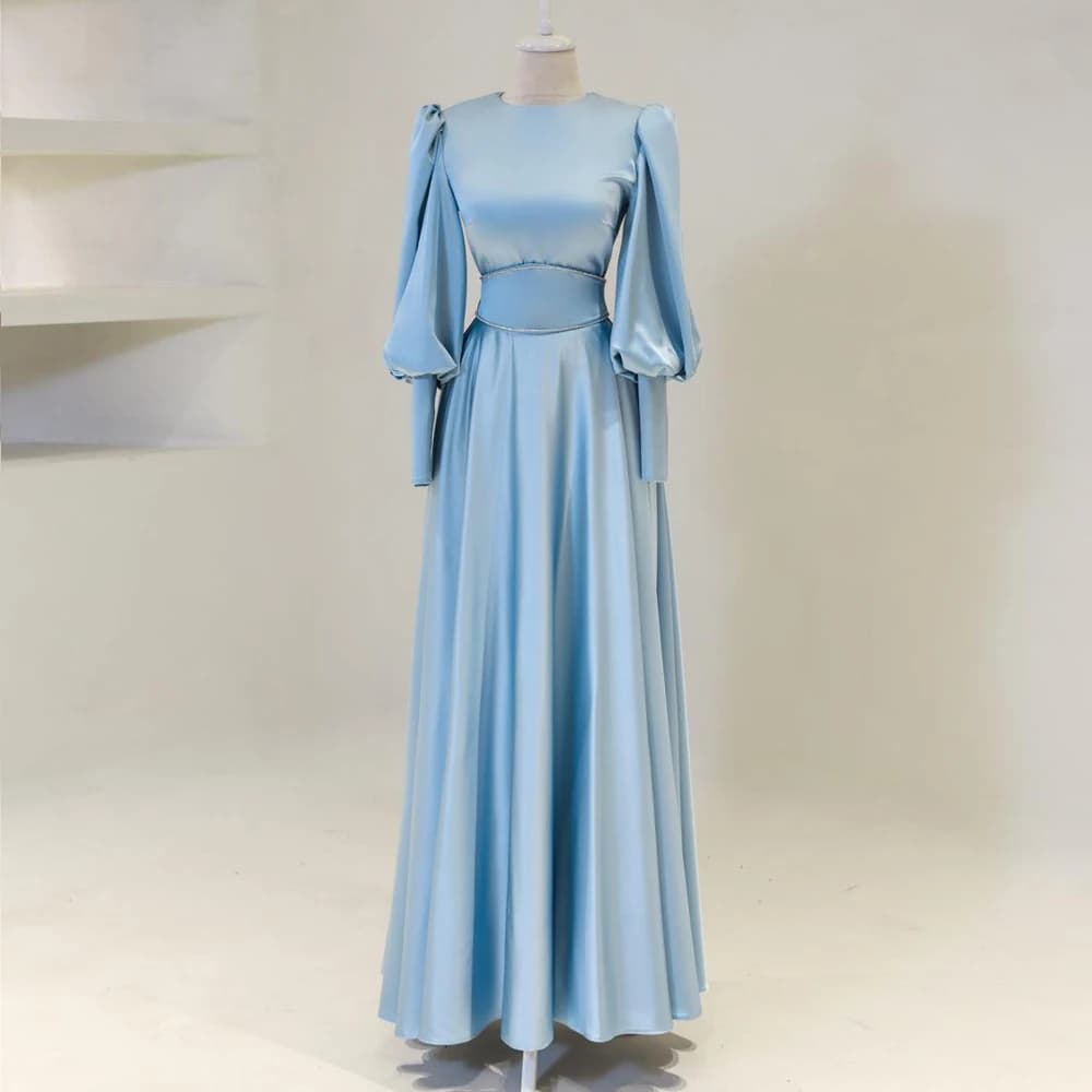 Custom Blue Muslim formal wedding dresses Evening dresses with sleeves for women Elegant satin dresses up the floor