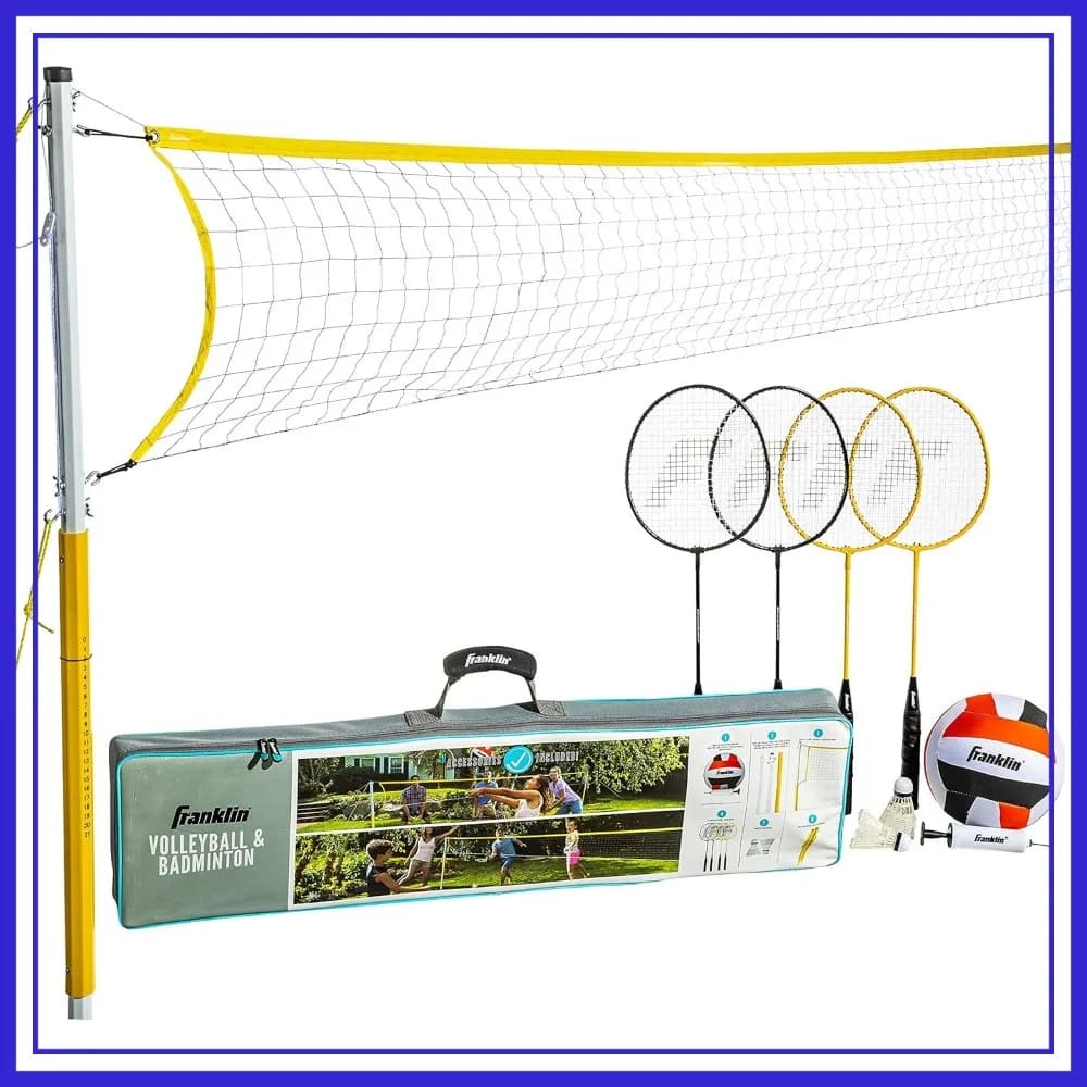 Set Combo Pallavolo e Badminton - Rete da Esterno per Giardino e Spiaggia con Pali, Racchette, Volani Inclusi