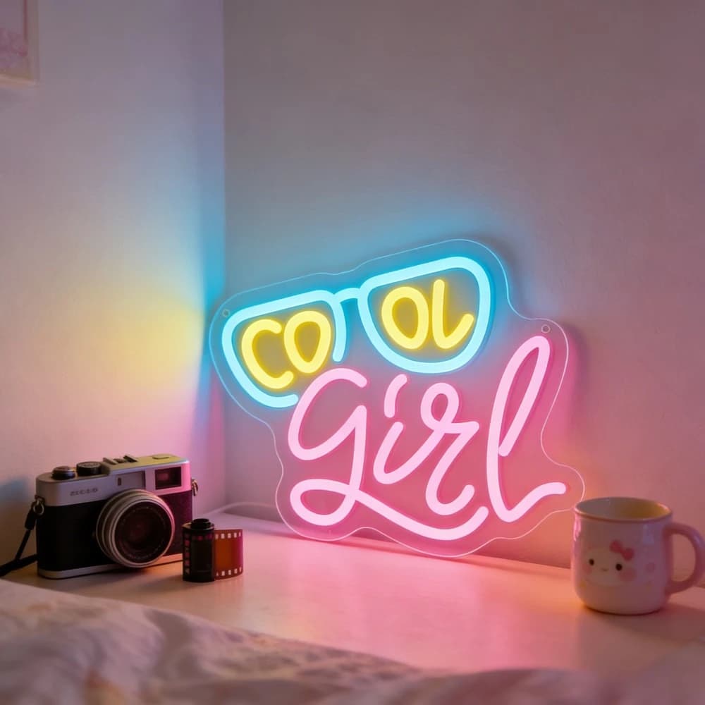 Insegna al Neon LED Blu a Forma di Occhiali da Ragazza, Luce da Parete USB Dimmerabile per Camere dei Ragazzi, Camere da Letto, Caffetterie, Saloni di Bellezza, Decorazione alla Moda, Regalo per Lei