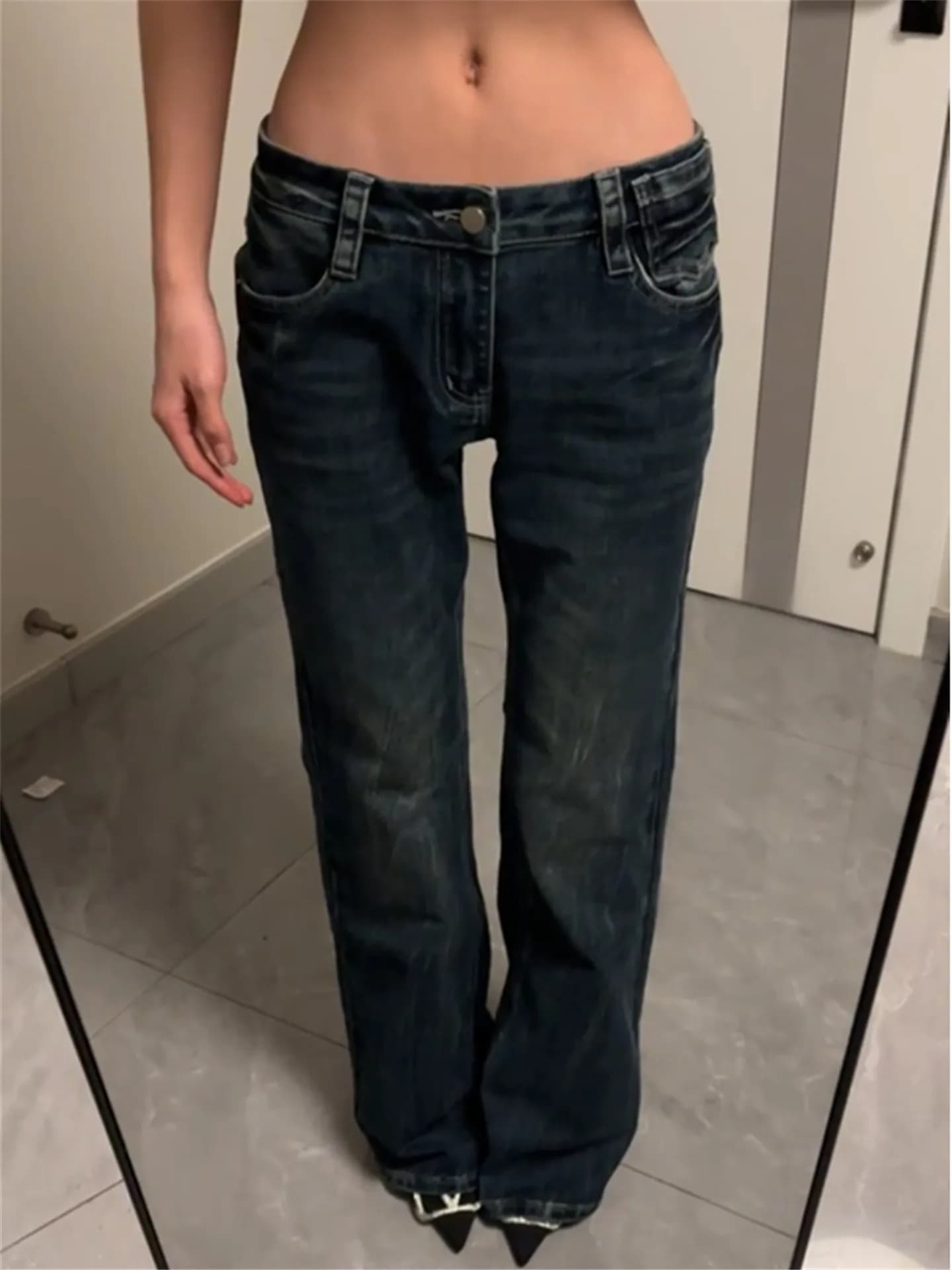 Vintage Low-Waist Bell Bottom Denim Jeans Women's Slimming Washed Straight Leg Pants American Hot Girl Style Spring Fashion
