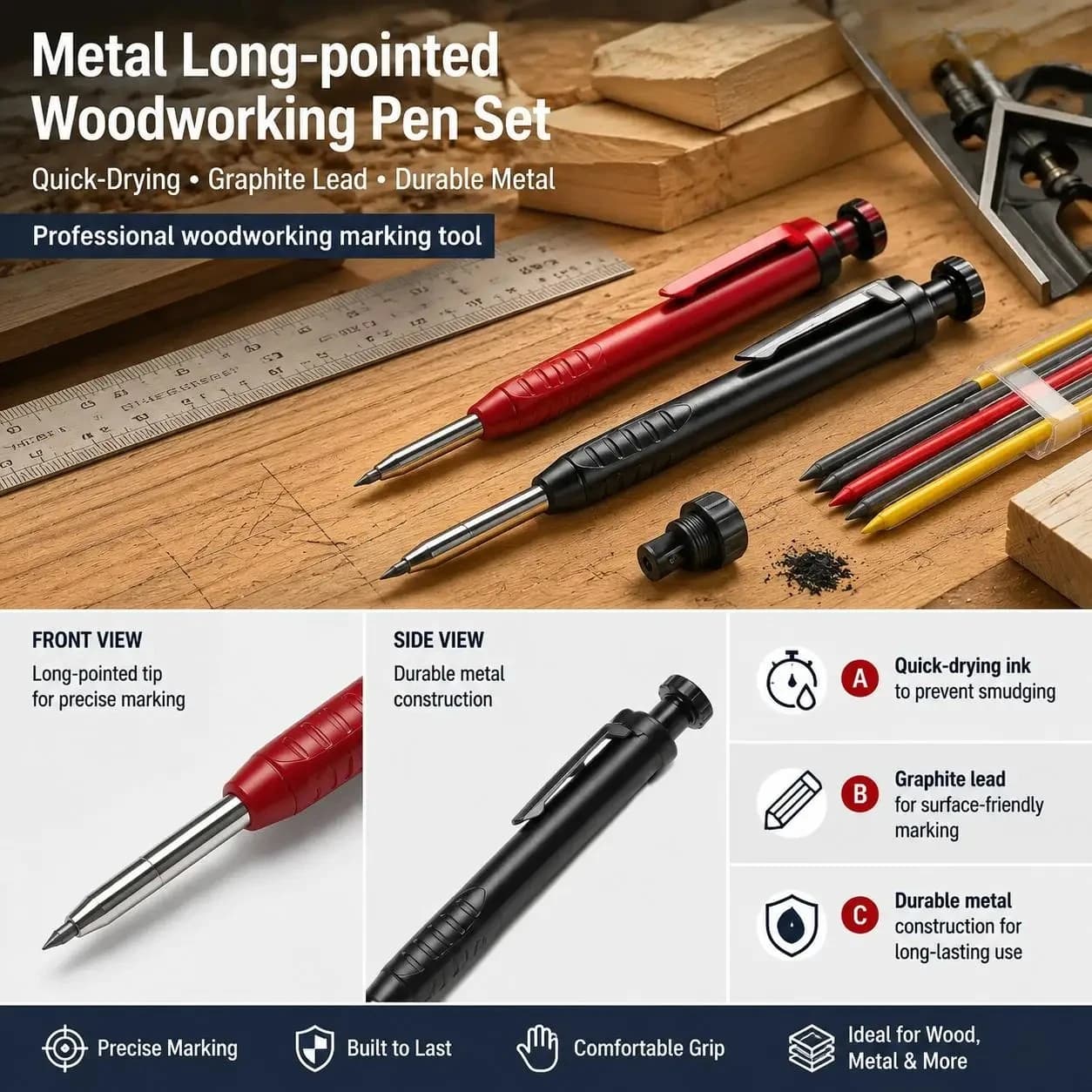 Carpenter Pencil Set with 6 Refills and Built in Sharpener Mechanical Marking Pencil for Construction and Architecture Professional Woodworking Scriber Tool for Accurate Drafting and Scribing Hand Tool Set