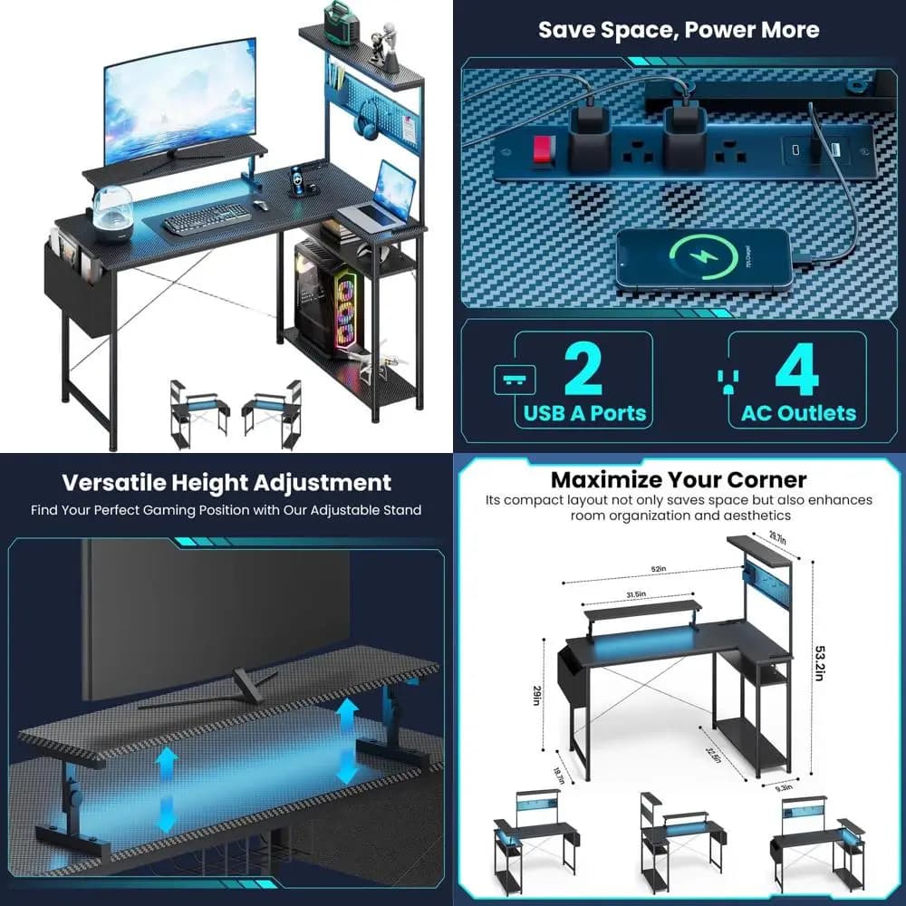 Scrivania da gioco 52 a forma di L con luci a LED, supporto per monitor, archiviazione e prese di corrente