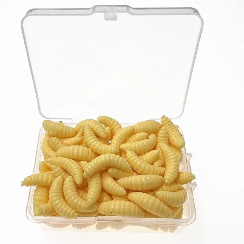 100 pz/scatola Luminoso Silicone Pane Artificiale Verme Esche 2 cm 0.3g Maggot Grub Morbido Richiamo di Pesca Ganci Odore Vermi Glow Esche