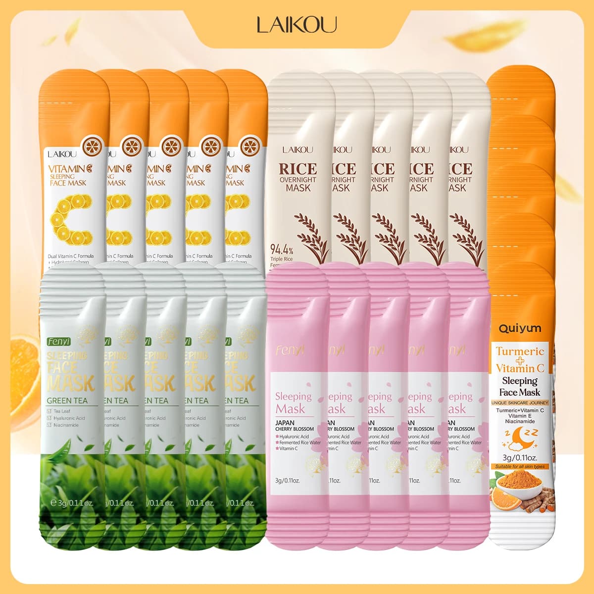 Mixed 5 Types Sleeping Face Mask Strips 3g Single Pack Rice Cherry Blossom Green Tea Vitamin C Turmeric Overnight Hydrating