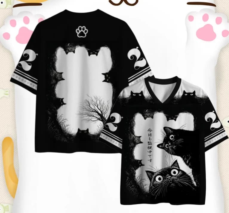Maglia da rugby Black Surveillance Black Cat in stile foresta con albero morto stampato in 3D, maniche corte larghe per adulti e bambini