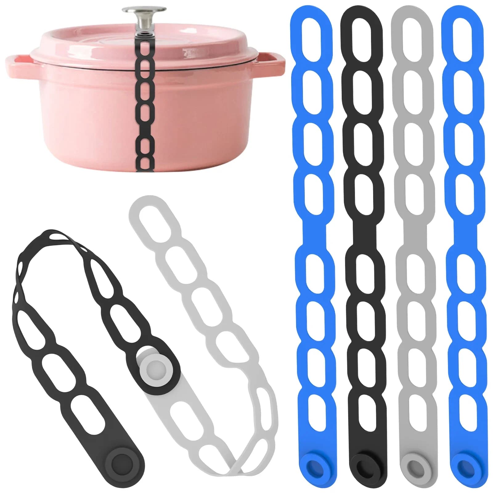 Set di 6 Cinghie Universali per Pentole da 21,65 Pollici, Supporti per Coperchi, Cinghie in Silicone Adatte per Conservare Tende e Tappetini Yoga