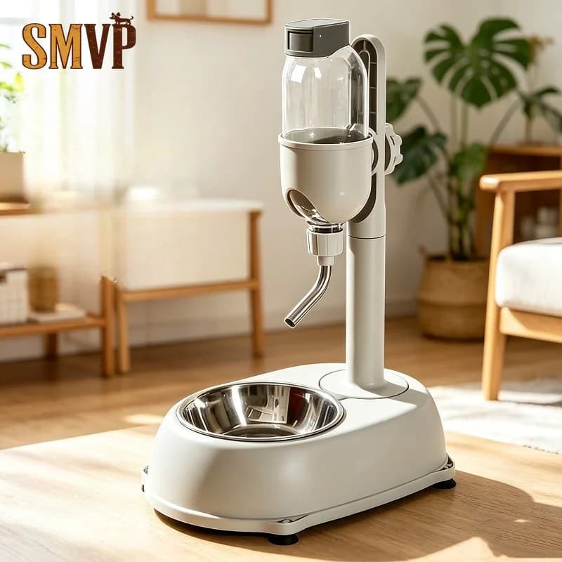 Adjustable Pet Water Fountain with Food Bowl No Wet Mouth Design Hanging Water Bottle for Small To Medium Dogs and Cats