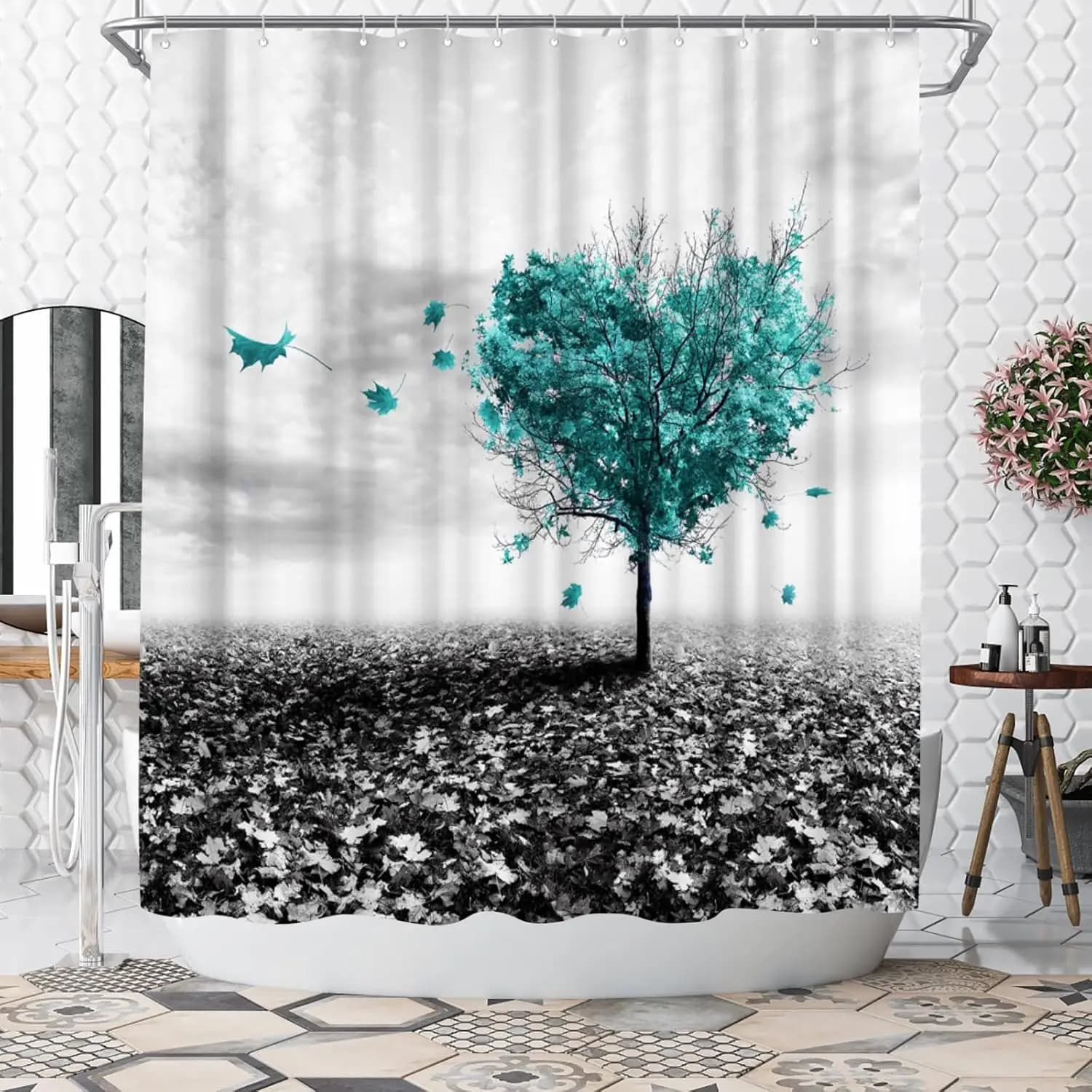Tenda da doccia con albero a forma di cuore naturale, tessuto in poliestere, decorazione per il bagno, tenda da doccia impermeabile 180x180 cm