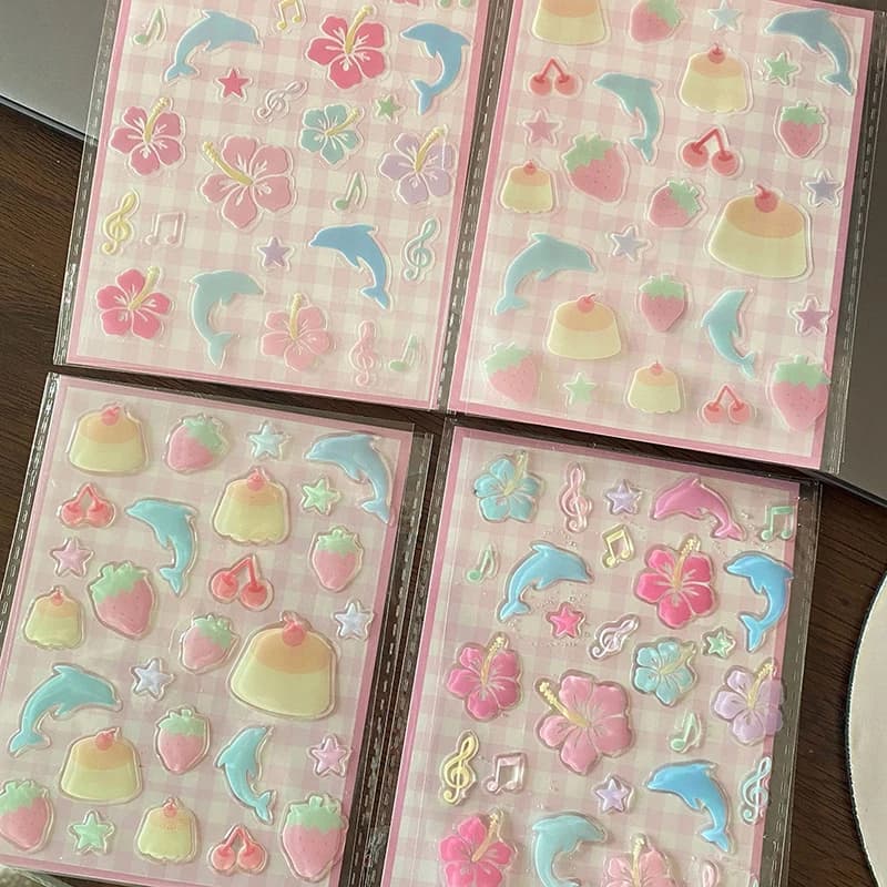 Adesivi Decorativi 3D Estetici per Cover Telefono e Bicchieri, con Motivi Fragola, Ibisco Cinese e Delfino