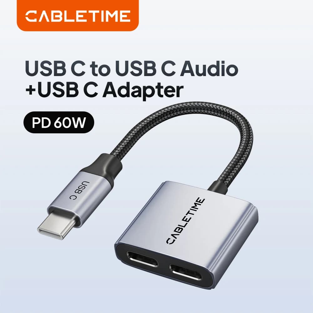 CABLETIME Adattatore per cuffie e caricabatterie da USB C a doppio USB C Adattatore in alluminio per caricabatterie rapido 2 in 1 PD 60W Hi-Fi per IPhone HUAWEI