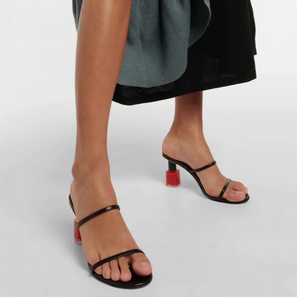 Classic Mixed Color Double Strappy Mule Sandals Open Toe Nail Polish Slip On High Heels Luxury Dress Modern Designer Red Shoes