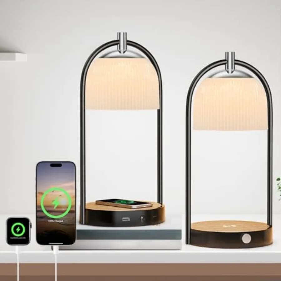 Set di 2 Lampade da Comodino LED con Ricarica Wireless 15W, Moderne Luci Notturne con Porte Type-C e USB, Dimmerabili