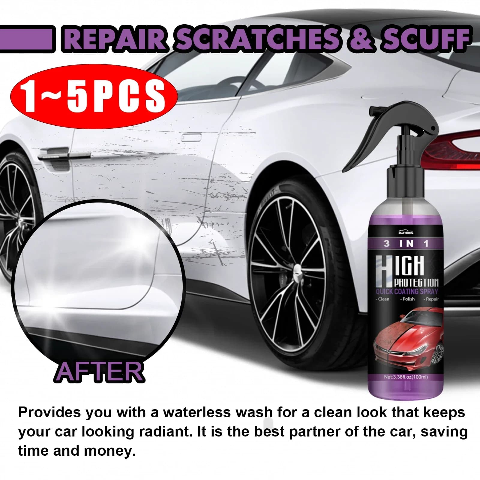 Il rivestimento ceramico rapido 3 in 1 danneggiano lo smalto per cera per auto Spray idrofobico lucentezza intensa per vetri, ruote e dettagli sigillanti per vernice