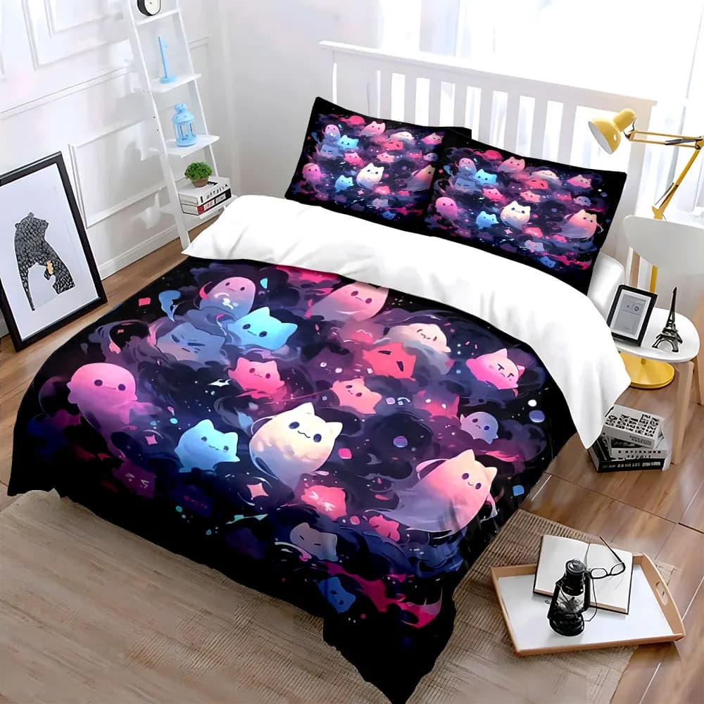 Set di biancheria da letto con decorazioni a forma di gatto fantasma, con 1 copripiumino e 2 federe, singolo, matrimoniale, king, queen, idea regalo
