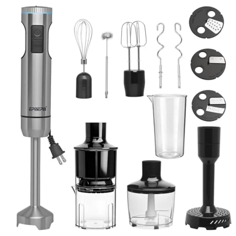 Set Frullatore a Immersione Portatile, Potente 1000W, 12-in-1 per Frullati, Succo d'Arancia, Carne Tritata, Montalatte, Sbattitore per Uova