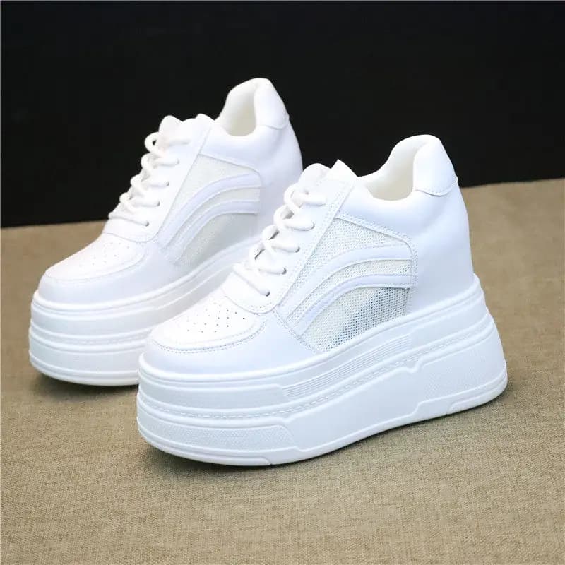 Women's 10/12CM Height Lift Summer Platform Sandals Mesh Breathable Casual White Sneakers Super High Heel Female Daily Shoes