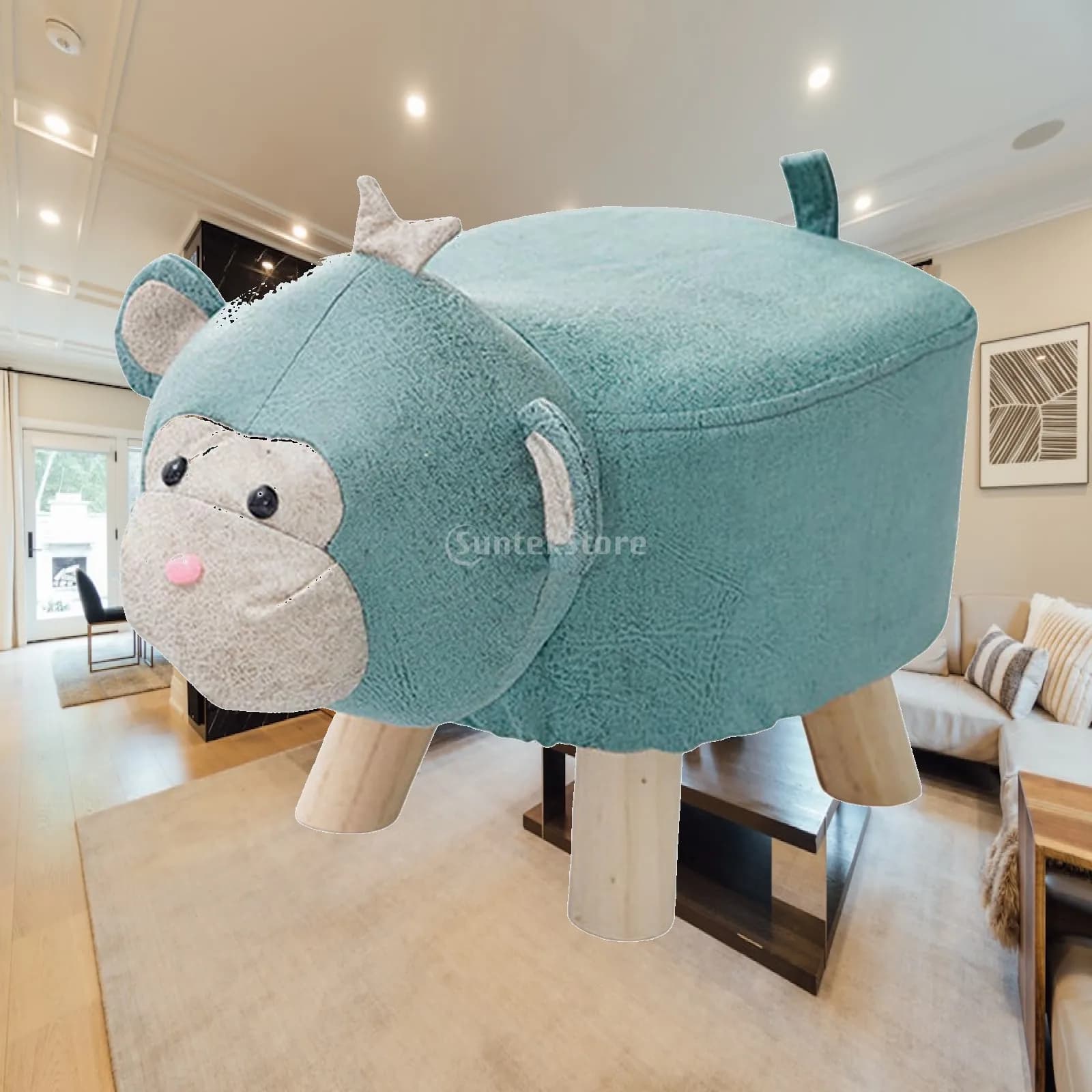 Children Cartoon Elephant Footrest Stool Padded Seat Solid Wood Ottoman Small Chair Bench for Bedroom Play Area