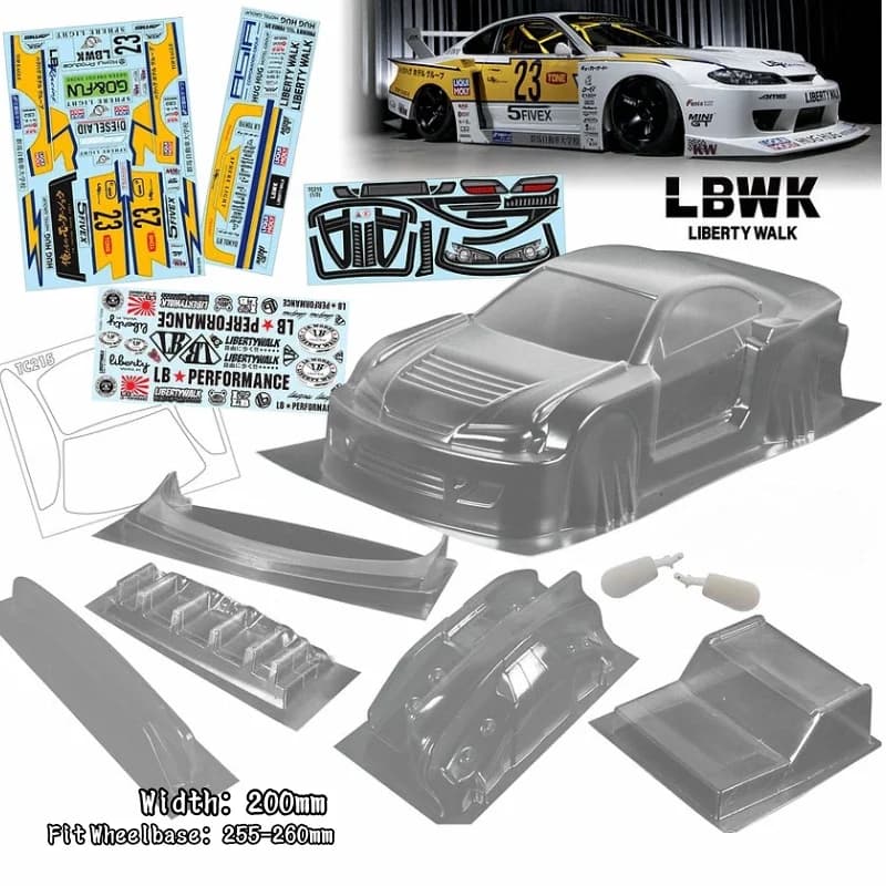 Carrozzeria Trasparente 1/10 PC RC Silvia S15 LBWK Wide Body 200mm Larghezza con Parafango Posteriore per Touring Drift MST Yokomo HPI HSP