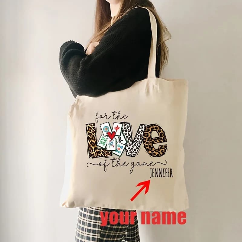 Borsa tote personalizzata Mahjong da donna - Nome/Testo personalizzati e design Mahjong (Set Mahjong, Tessere Vento/Drago) - Borsa riutilizzabile
