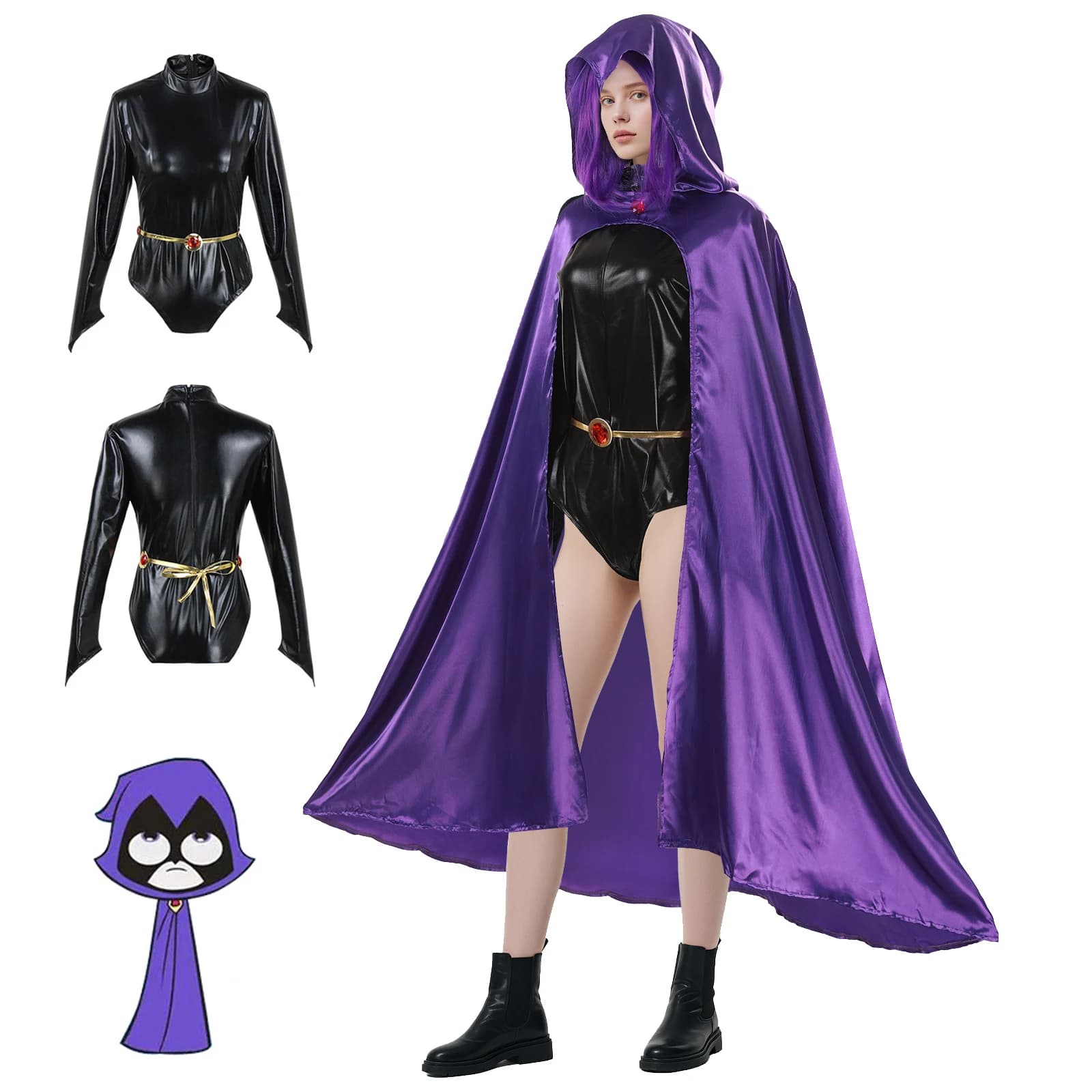 Costume da cosplay di Raven, tuta da combattimento da donna con cintura e mantello viola con cappuccio, abito di Halloween