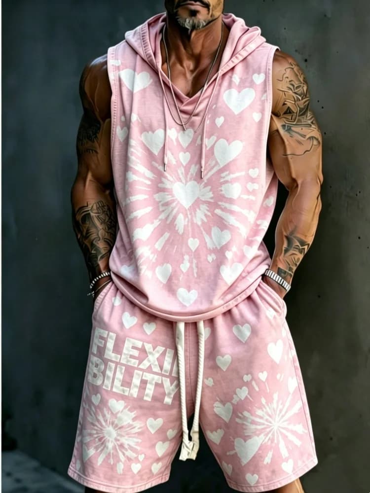 Completo da Uomo 2 Pezzi: Felpa con Cappuccio Senza Maniche e Pantaloncini Rosa con Cuori, Stampa 'Flexibility', Abbigliamento Streetwear Confortevole