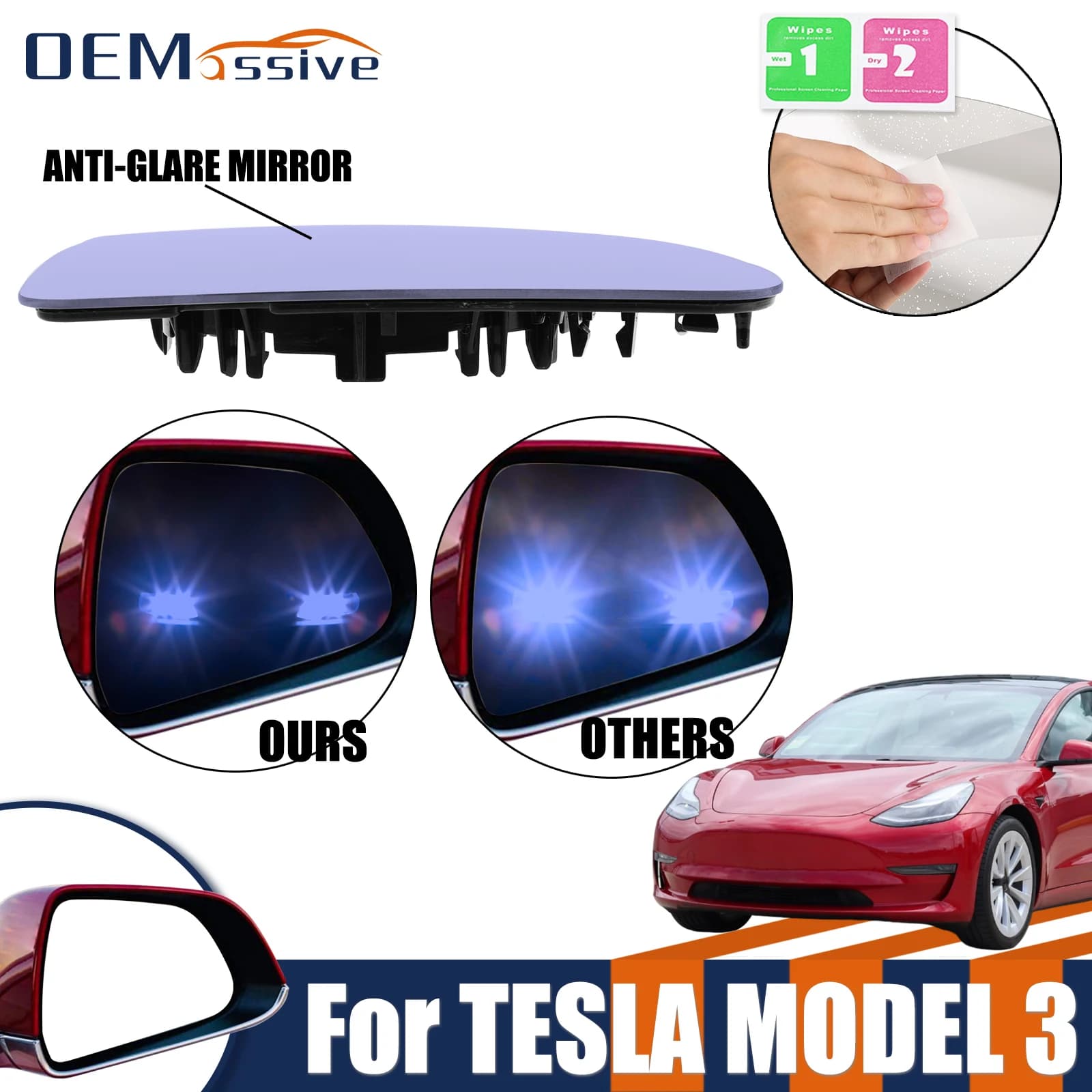 For Tesla Model 3 2017-2024 Left Right Mirror Grand Corner Mirror Rearview Mirror Lens Aldermen Heat Waterproof Large Vision