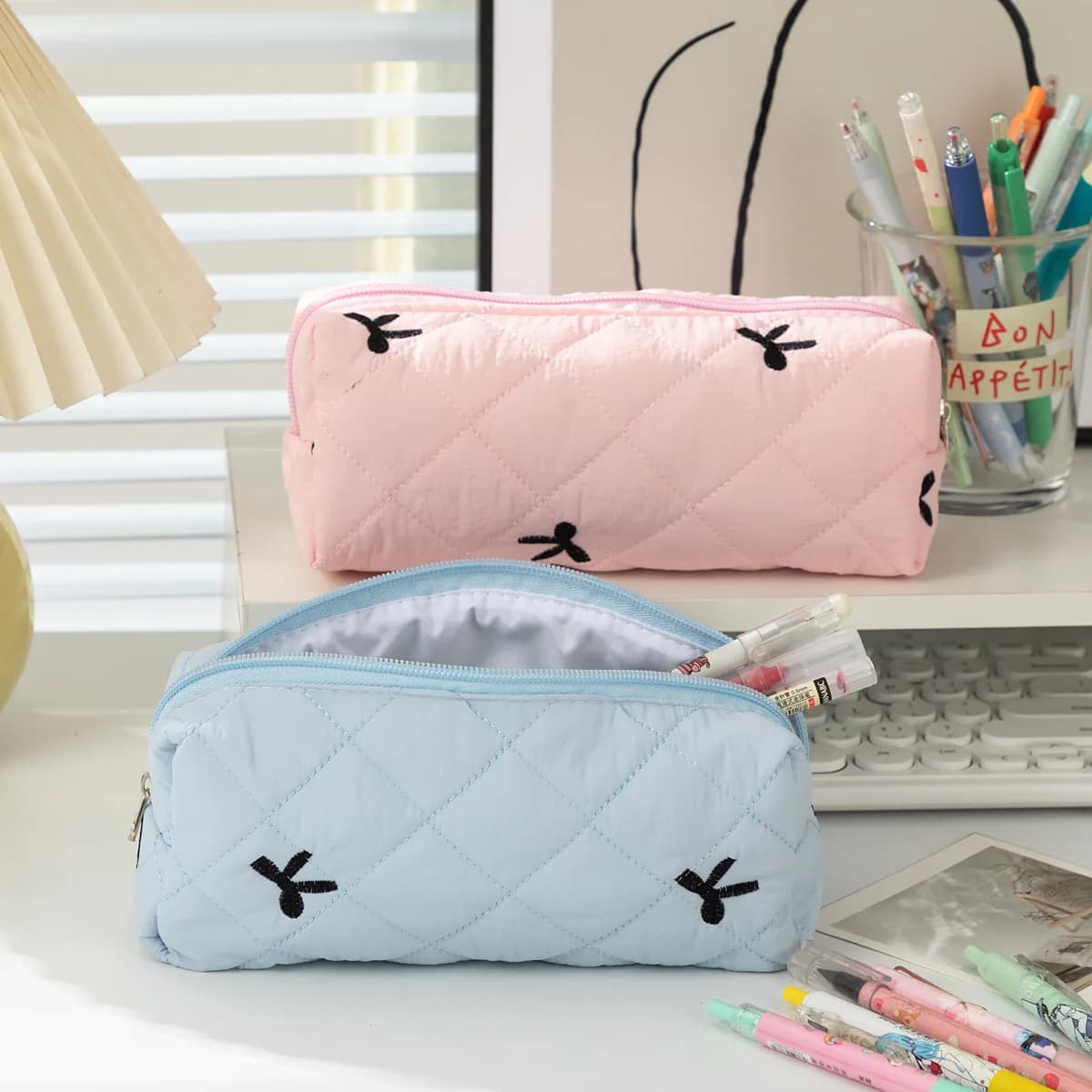 Simple Solid Color Bowknot Pencil Case Portable Desktop Stationery Storage Box Multifunctional Bag Students School Pen