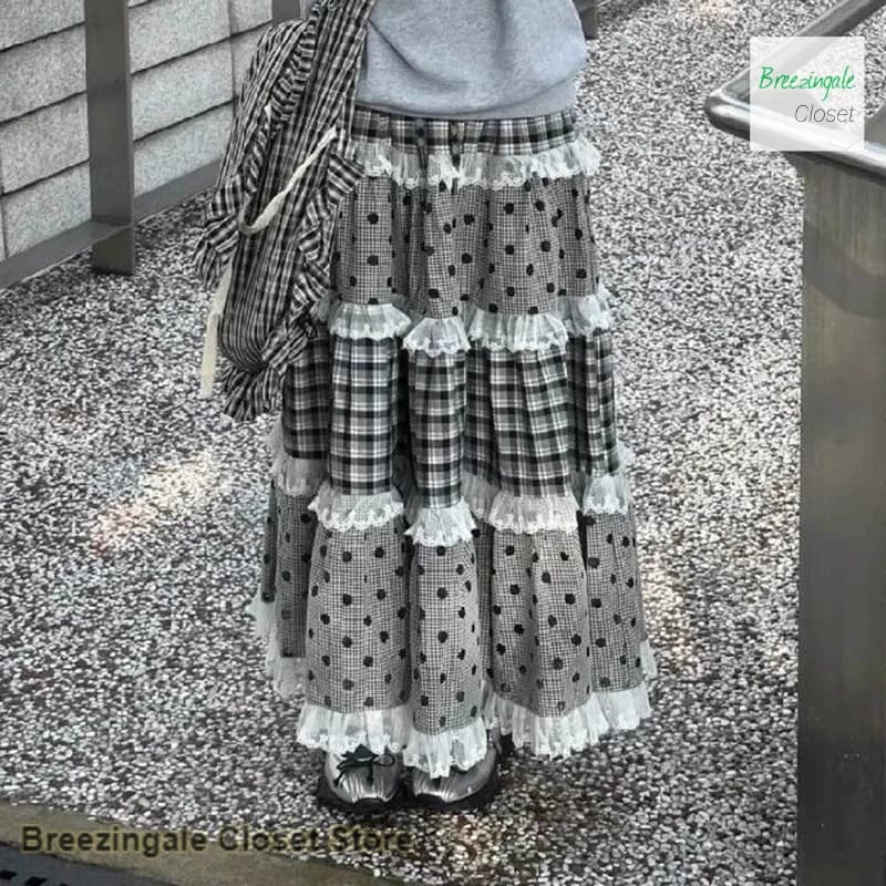 Japanese multi-layer lace plaid stitching big pendulum A-shaped long skirt women's spring and autumn versatile fashion overskirt