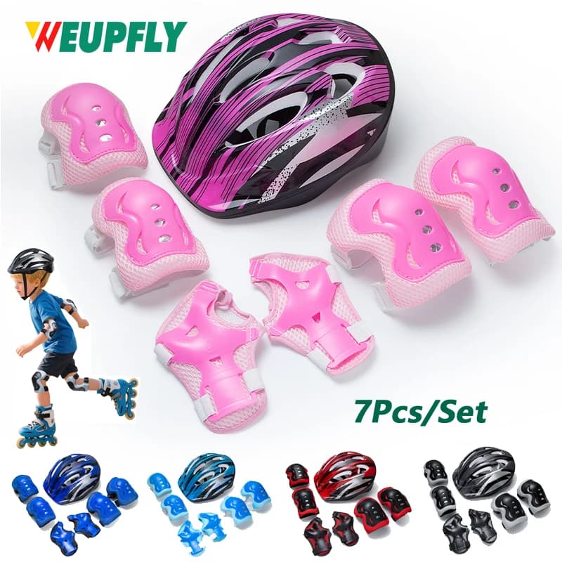 Set di equipaggiamento protettivo per bambini da 7 pezzi, casco e cuscinetti per pattinaggio a rotelle per ragazzi e ragazze, protezioni per gomiti e ginocchia per scooter da skateboard