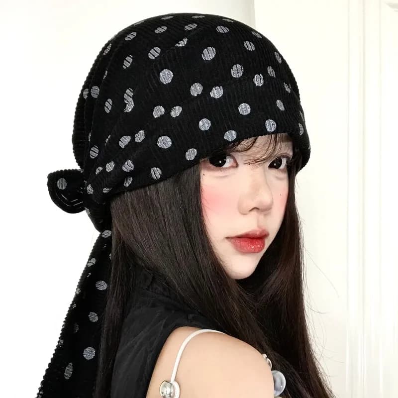 Korean Ins Retro Polka-dot Strap Headscarf Hat for Women Spring and Summer Street Trend Versatile Niche Design Y2K Beanies