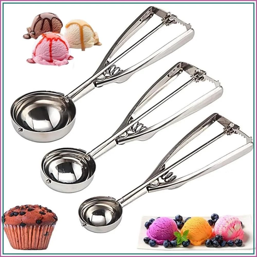 3-Piece Cookie Scoop Set with Trigger, Stainless Steel, Large-Medium-Small for Ice Cream, Cupcake, Muffin, Meatball, Multipurpose Kitchen Tool