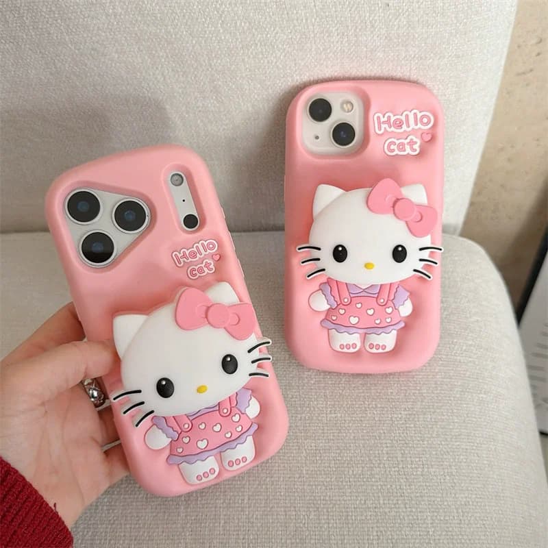 Hello Kitty Dress Phone Case with Stand Cute Girl Dress-up Style Soft Cover for iPhone 17 16 11 15 Pro Max 13 Kawaii Accessories