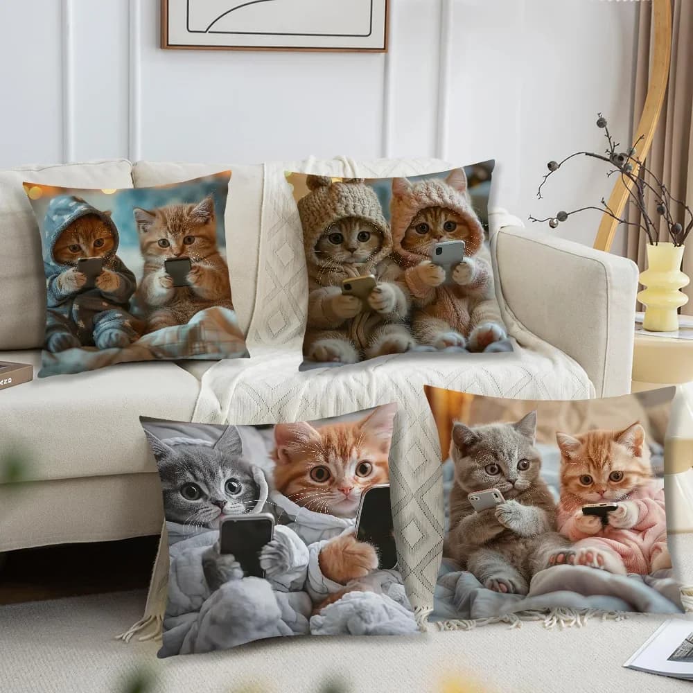 Cushions lining with cute kittens using phone, office, car, sofa, bed, home decoration and bedroom