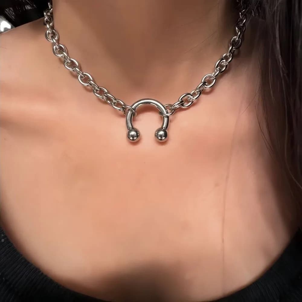 Fashion Punk Nose Clip Geometric Gothic Choker Thick Round Ring Retro Chain Rivet Jewelry