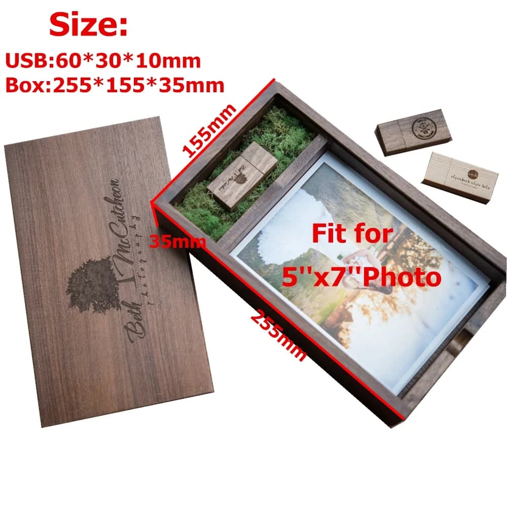 Scatola per album in legno con logo personalizzato gratuito per incisione laser (5 foto da 7 pollici) e chiavetta USB 3.0 in legno da 256 GB 128 GB 64 GB 32 GB 16 GB