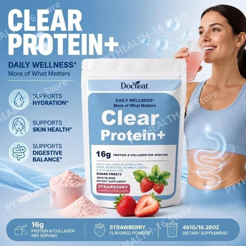Docteat Clear Protein Powder with Collagen Peptides Probiotic Blend Electrolytes Vitamin C Biotin Strawberry Flavor 461g