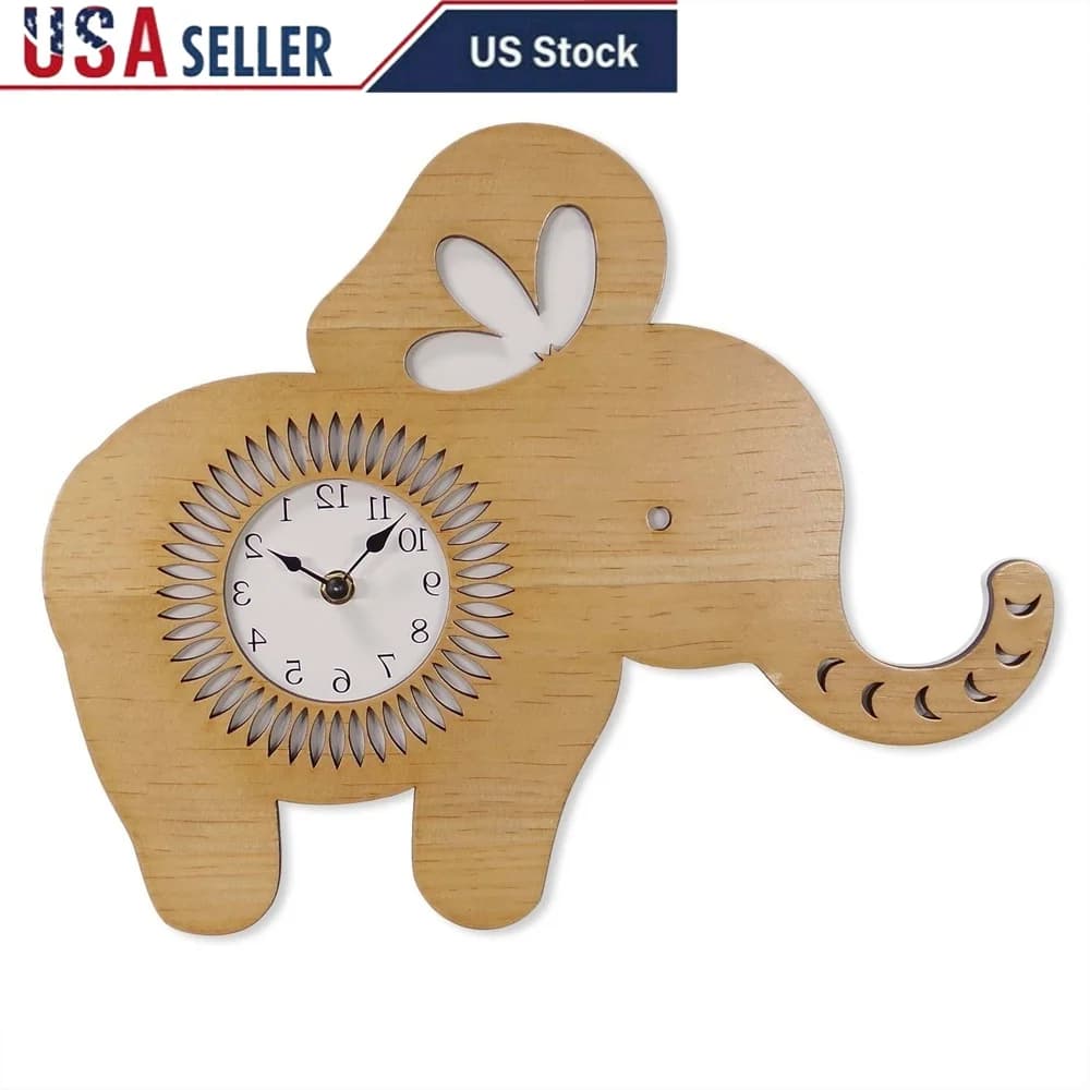 Orologio da parete in legno a forma di elefante per bambini, facile da appendere, leggero, analogico, con numeri arabi, perfetta sala giochi, camera da letto