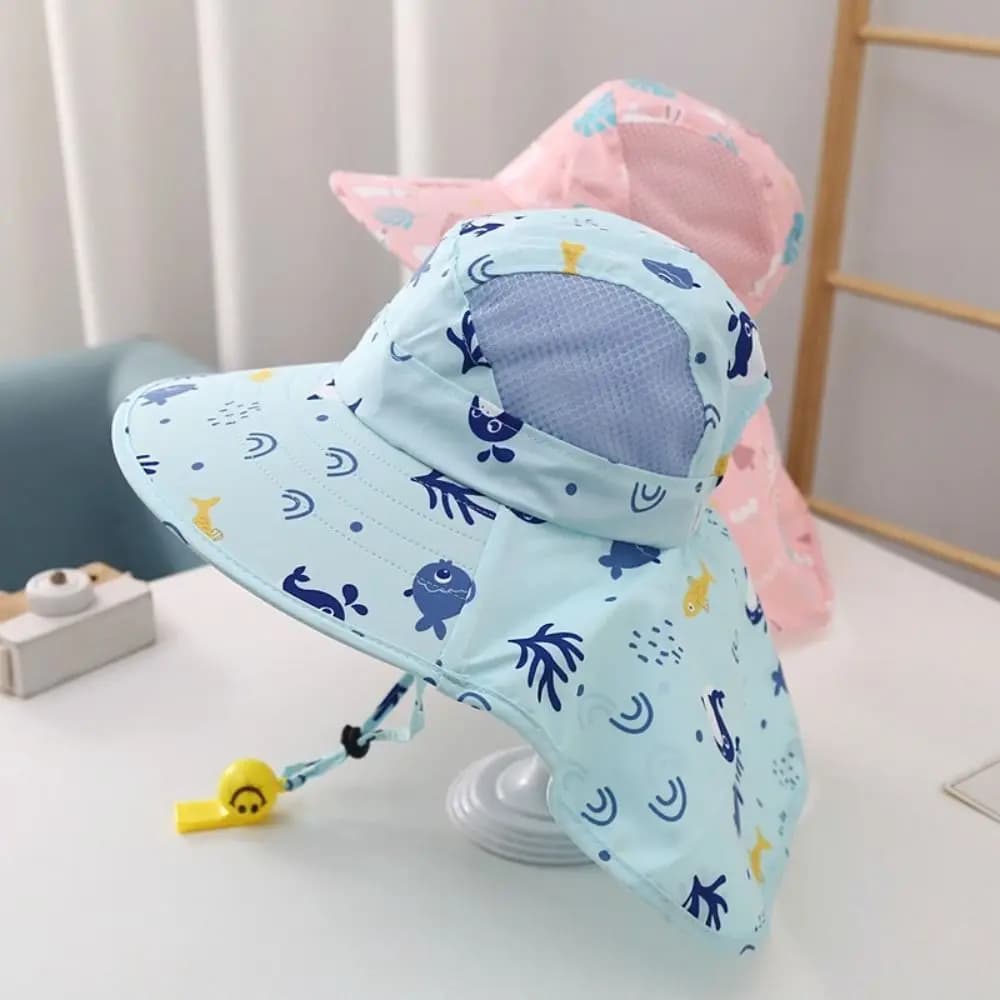 Berretto da pescatore Cappello estivo per bambini Collo Copri orecchie Tesa larga Cappello per protezione solare per bambini con fischietto Cappellini da spiaggia per bambini traspiranti Ragazze Ragazzi