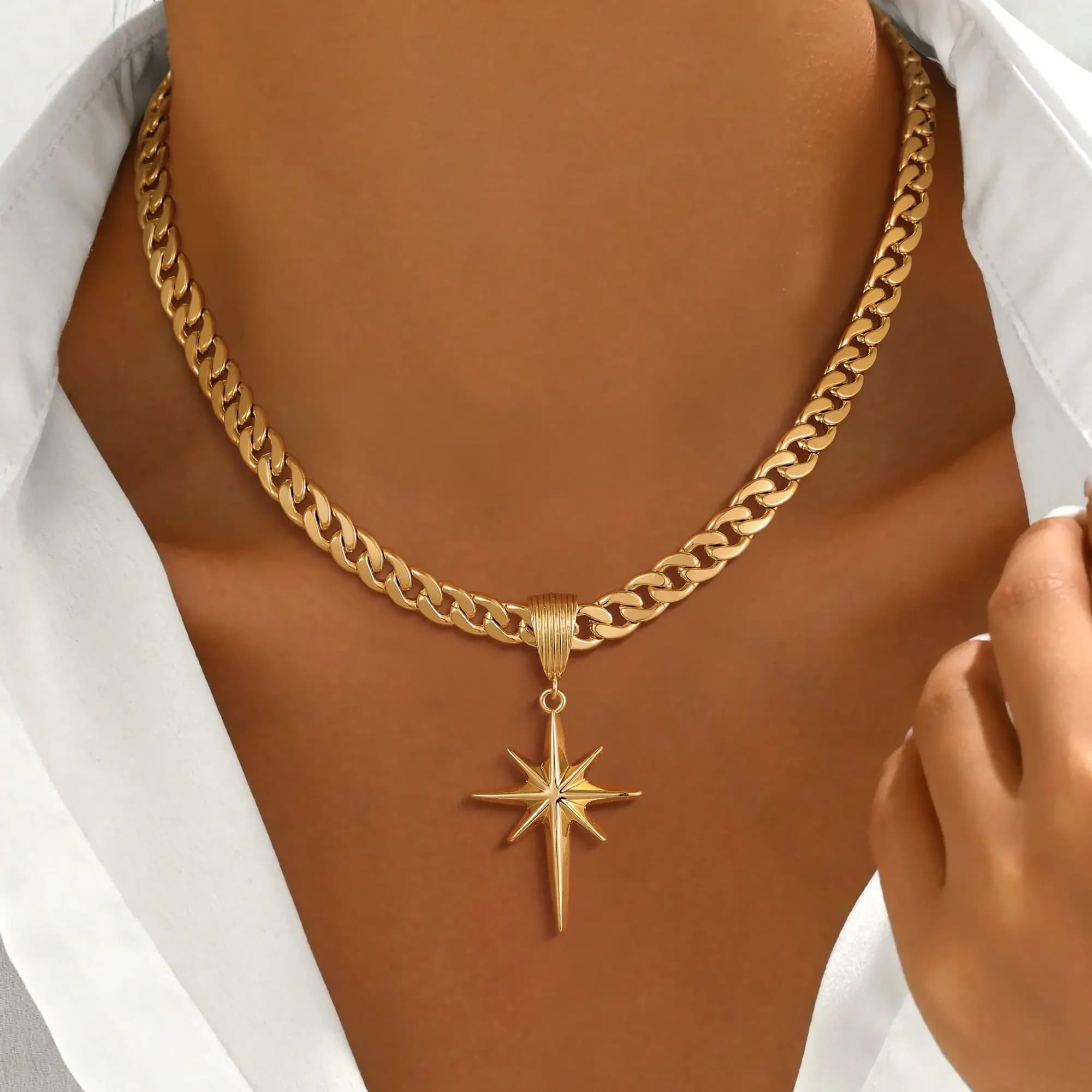 Collana da donna con ciondolo a stella a otto punte con catena cubana da 8 mm, gioielli per la festa della mamma
