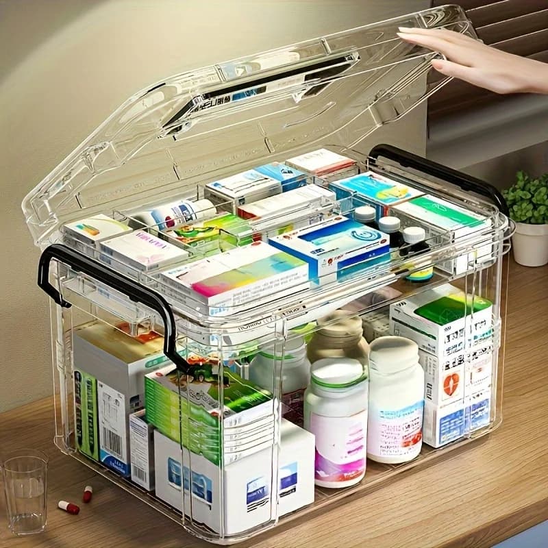 Scatola portaoggetti moderna per medicinali in PVC impermeabile, doppio strato, impilabile, chiusura ribaltabile, forma rettangolare